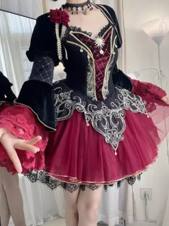 Robe Lolita Gothique Dentelle Rose Imprimé Floral Bordeaux Noir Rouge Robe Lolita