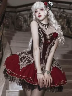 Robe Lolita Gothique Dentelle Rose Imprimé Floral Bordeaux Noir Rouge Robe Lolita