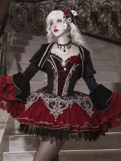 Robe Lolita Gothique Dentelle Rose Imprimé Floral Bordeaux Noir Rouge Robe Lolita