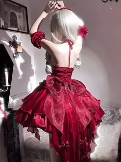 Robe Lolita gothique JSK bordeaux à volants et fleurs