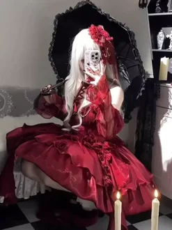 Robe Lolita gothique JSK bordeaux à volants et fleurs