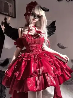 Robe Lolita gothique JSK bordeaux à volants et fleurs