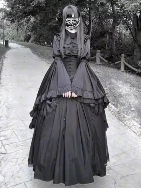 Robe Lolita gothique noire à manches longues style vintage chic