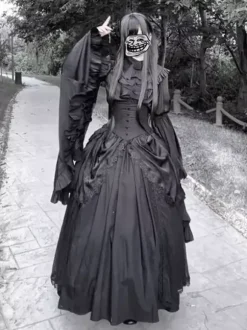 Robe Lolita gothique noire à manches longues style vintage chic