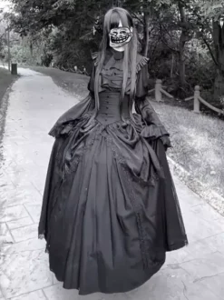 Robe Lolita gothique noire à manches longues style vintage chic