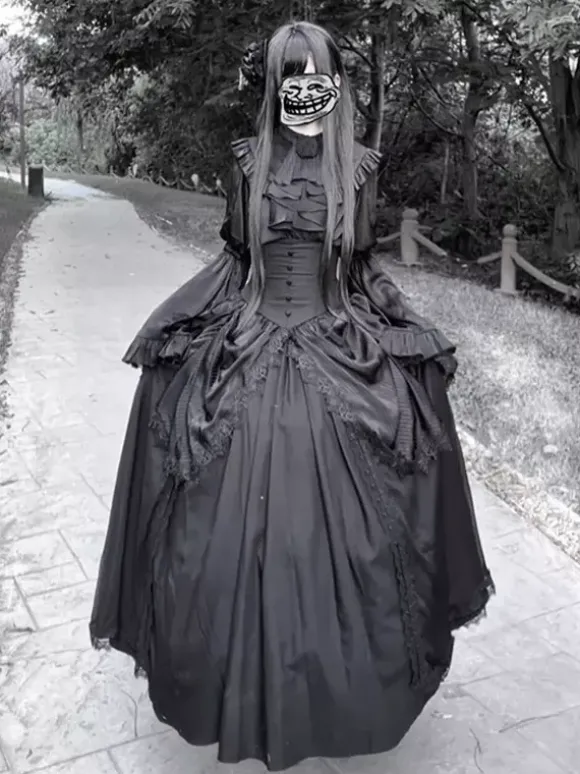 Robe Lolita gothique noire à manches longues style vintage chic