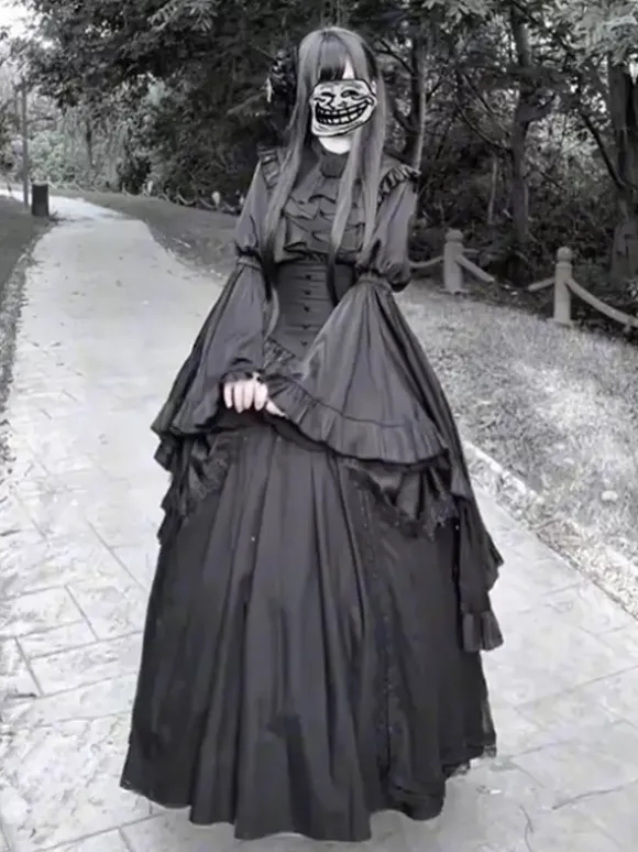 Robe Lolita gothique noire à manches longues style vintage chic