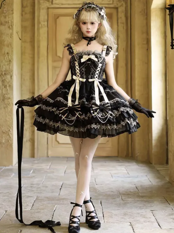 Robe Lolita gothique noire à volants robe courte Lolita à lacets avec coiffe