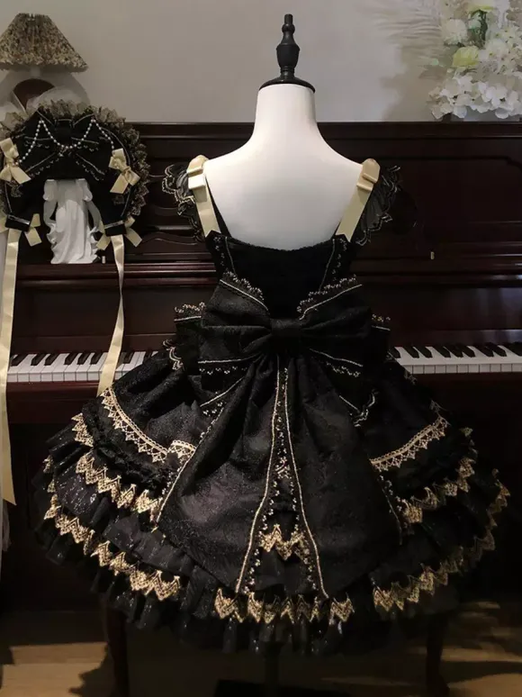 Robe Lolita gothique noire à volants robe courte Lolita à lacets avec coiffe