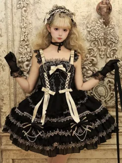 Robe Lolita gothique noire à volants robe courte Lolita à lacets avec coiffe