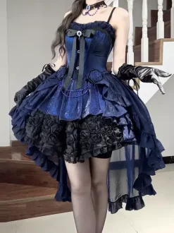 Robe Lolita gothique à n艙uds bleus laçage JSK à volants robe courte Lolita