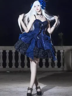 Robe Lolita gothique à n艙uds bleus laçage JSK à volants robe courte Lolita