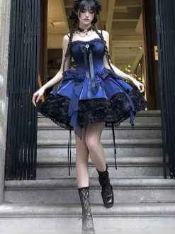 Robe Lolita gothique à n艙uds bleus laçage JSK à volants robe courte Lolita