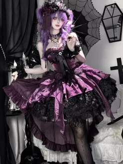 Robe Lolita Gothique Rouge et Noire Décolleté C艙ur Sans Bustier Volants N艙uds Robe Lolita Courte