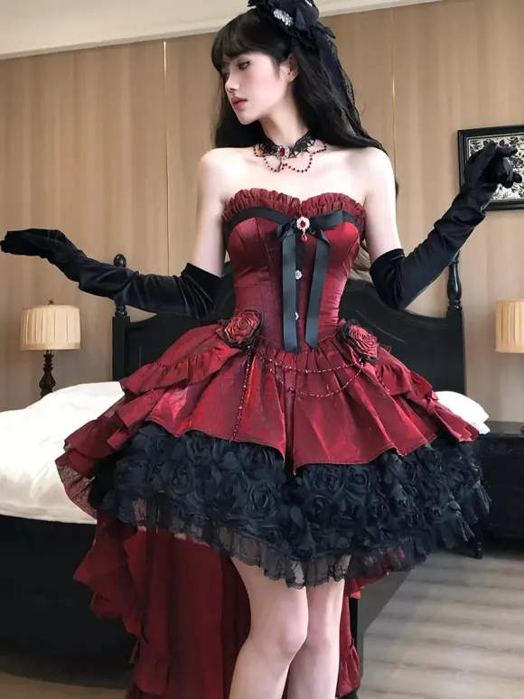 Robe Lolita Gothique Rouge et Noire Décolleté C艙ur Sans Bustier Volants N艙uds Robe Lolita Courte