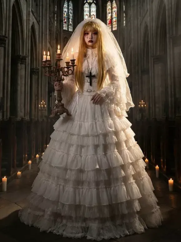 Robe Lolita gothique une pièce à volants et manches longues