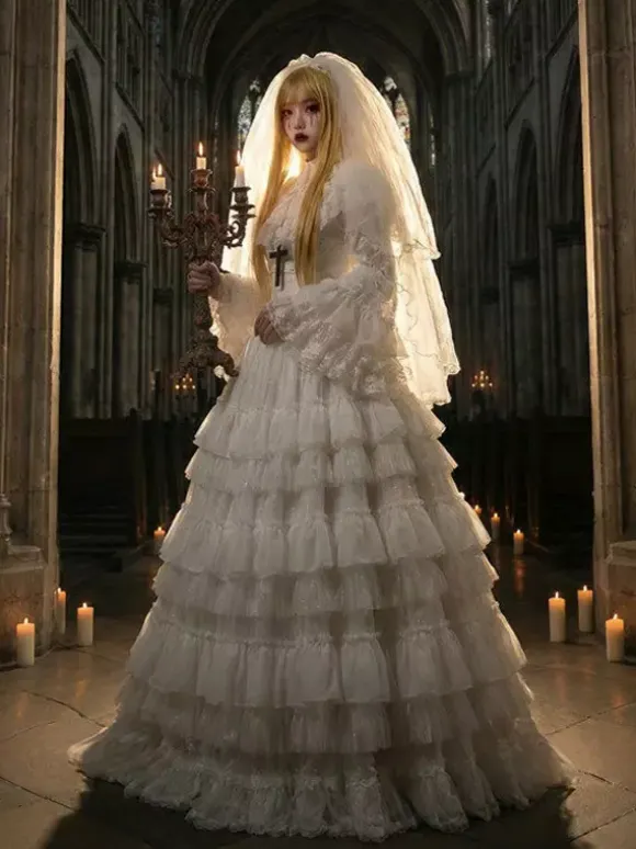 Robe Lolita gothique une pièce à volants et manches longues