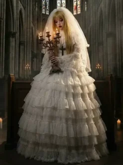 Robe Lolita gothique une pièce à volants et manches longues