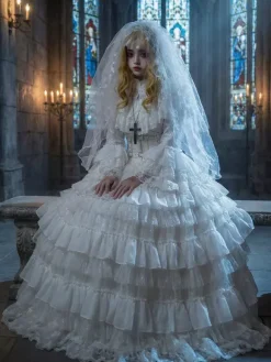 Robe Lolita gothique une pièce à volants et manches longues