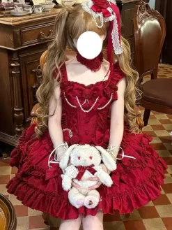 Robe Lolita Hime rouge dos nu en dentelle bandage volants n艙ud courte