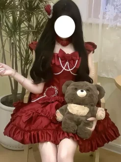 Robe Lolita Hime rouge dos nu en dentelle bandage volants n艙ud courte