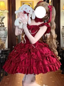 Robe Lolita Hime rouge dos nu en dentelle bandage volants n艙ud courte