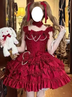 Robe Lolita Hime rouge dos nu en dentelle bandage volants n艙ud courte
