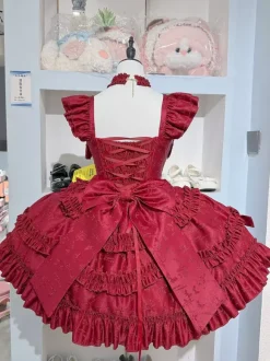 Robe Lolita Hime rouge dos nu en dentelle bandage volants n艙ud courte