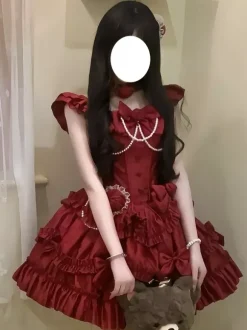 Robe Lolita Hime rouge dos nu en dentelle bandage volants n艙ud courte