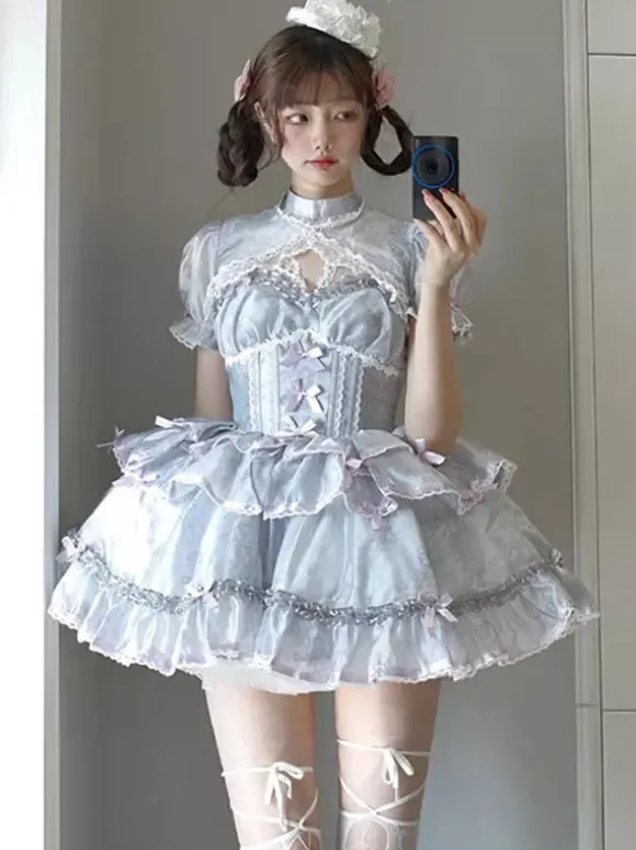 Robe Lolita Hime Sweet sans manches n艙uds style décontracté gris clair JSK