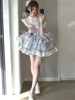 Robe Lolita Hime Sweet sans manches n艙uds style décontracté gris clair JSK