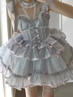 Robe Lolita Hime Sweet sans manches n艙uds style décontracté gris clair JSK