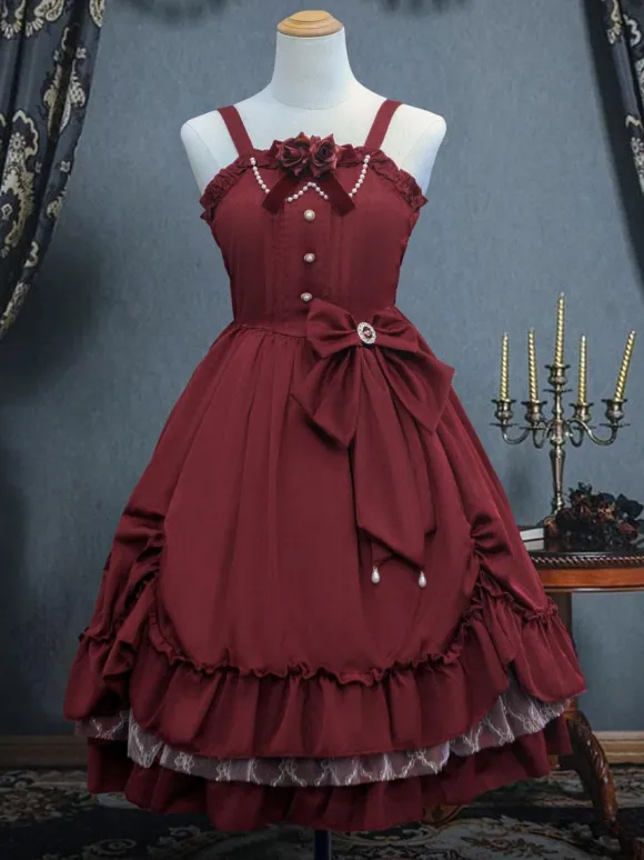 Robe Lolita JSK Classique Vert Encre Volants Arcs Sans Manches Polyester Lolita Jumper Jupe