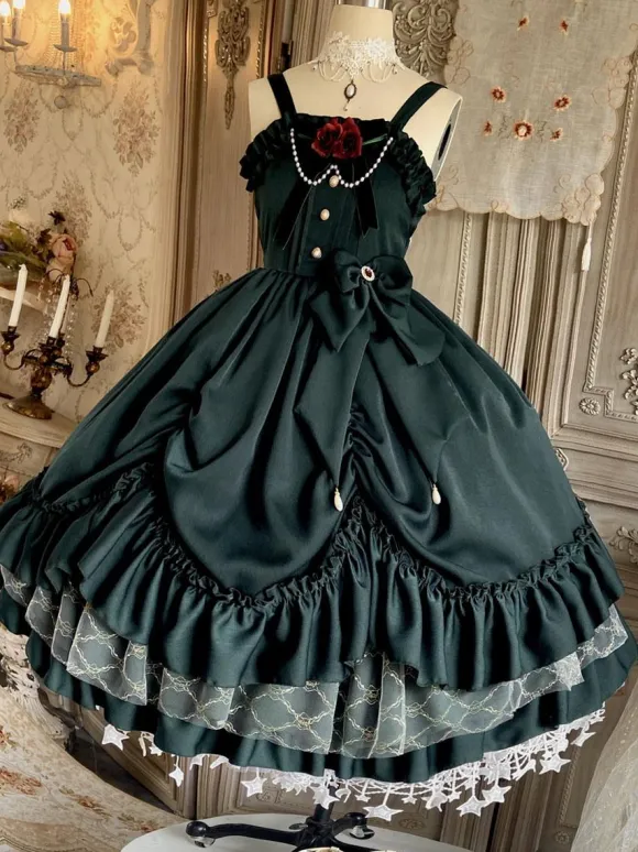 Robe Lolita JSK Classique Vert Encre Volants Arcs Sans Manches Polyester Lolita Jumper Jupe