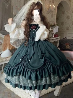 Robe Lolita JSK Classique Vert Encre Volants Arcs Sans Manches Polyester Lolita Jumper Jupe