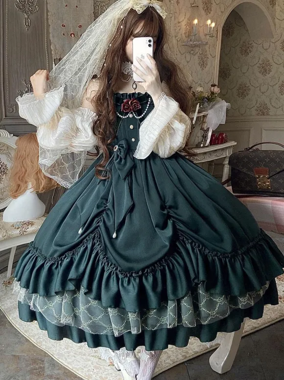 Robe Lolita JSK Classique Vert Encre Volants Arcs Sans Manches Polyester Lolita Jumper Jupe