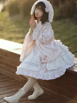 Robe Lolita OP de style japonais à manches longues imprimé floral n艙uds roses robes une pièce Sweet Lolita