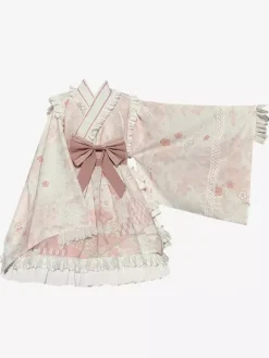 Robe Lolita OP de style japonais à manches longues imprimé floral n艙uds roses robes une pièce Sweet Lolita