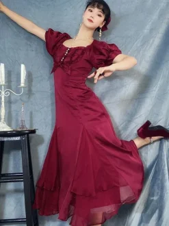 Robe Lolita OP À Lacets À Volants Robe Une Pièce Lolita À Manches Courtes Bordeaux