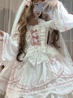 Robe Lolita OP Mignonne robe de mariée manches amovibles volants en Polyester n艙uds en dentelle robe une pièce blanche Lolita