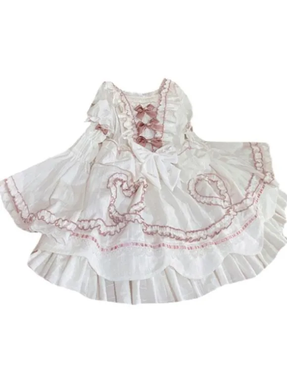 Robe Lolita OP Mignonne robe de mariée manches amovibles volants en Polyester n艙uds en dentelle robe une pièce blanche Lolita