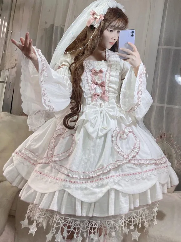 Robe Lolita OP Mignonne robe de mariée manches amovibles volants en Polyester n艙uds en dentelle robe une pièce blanche Lolita