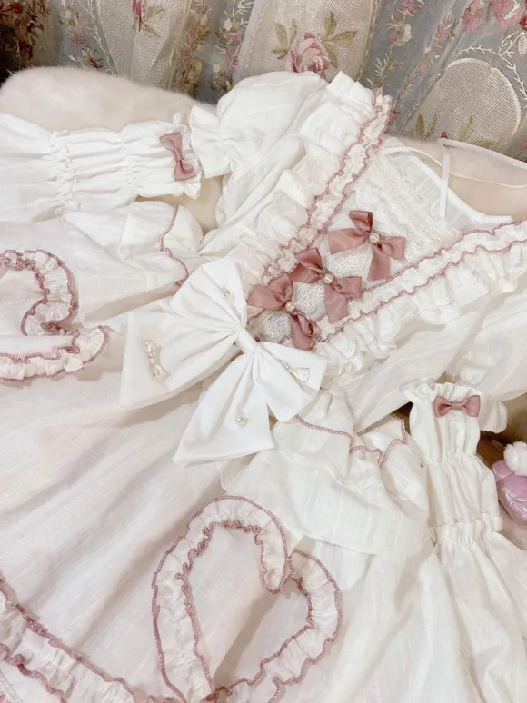 Robe Lolita OP Mignonne robe de mariée manches amovibles volants en Polyester n艙uds en dentelle robe une pièce blanche Lolita