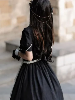 Robe Lolita Polyester Manches Courtes Perles Robe Lolita Style Marine