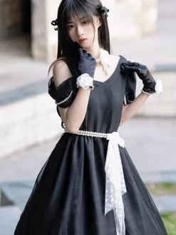 Robe Lolita Polyester Manches Courtes Perles Robe Lolita Style Marine