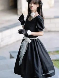 Robe Lolita Polyester Manches Courtes Perles Robe Lolita Style Marine