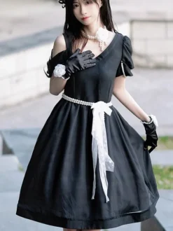 Robe Lolita Polyester Manches Courtes Perles Robe Lolita Style Marine