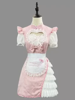 Robe Lolita rose en dentelle et jacquard à manches courtes