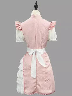 Robe Lolita rose en dentelle et jacquard à manches courtes