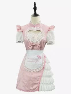 Robe Lolita rose en dentelle et jacquard à manches courtes